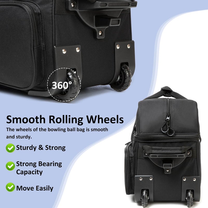 MARITTON Bowling Bag with Wheels Double Roller 2 Ball Bowling Separate Shoe Compartment and Oversized Accessory Pocket, 36.6" Extendable Handle. - Image 3